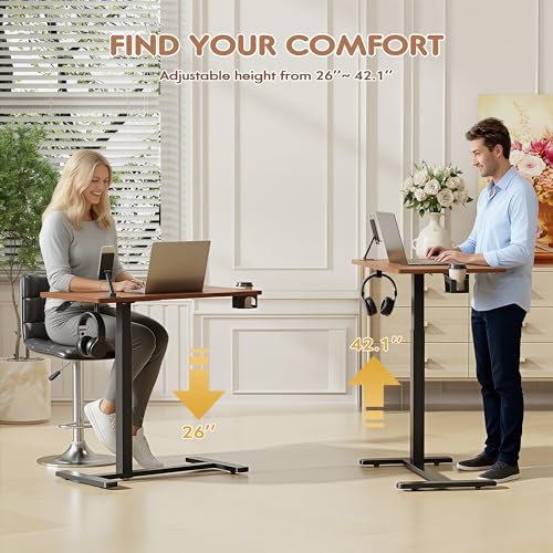 Furmax Mobile Standing Desk with Wheels, Pneumatic Adjustable Rolling Computer Desk Laptop Table for Bed, Couch (Mahogany, Large) Furmax