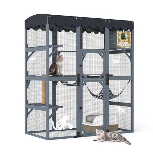 COZIWOW 72Inches Large Wood Catio Outdoor Cat Enclosure with Waterproof Roof, Multi-Level Cat House for 2-3 Cats, Spacious Perches, Hammock, and Scratching Post(Grey Fashion Pattern) COZIWOW