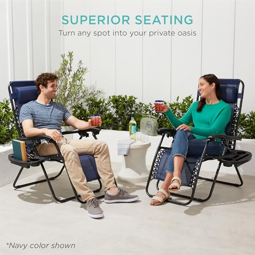 Best Choice Products Set of 2 Adjustable Steel Mesh Zero Gravity Lounge Chair Recliners w/Pillows and Cup Holder Trays - Dusty Green/Black