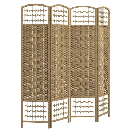 HOMCOM 4 Panel Room Divider, Folding Privacy Screen, 5.6' Room Separator, Wave Fiber Freestanding Partition Wall Divider, Natural HOMCOM
