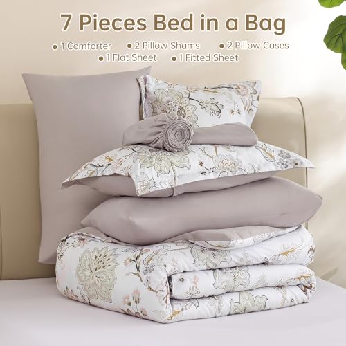 Luxudecor Floral Comforter Set King Size 7 Pieces Bed in a Bag, Beige Paisley Flower Bed Set, Soft Lightweight Comforter with Sheet Set 104"x90" Luxudecor