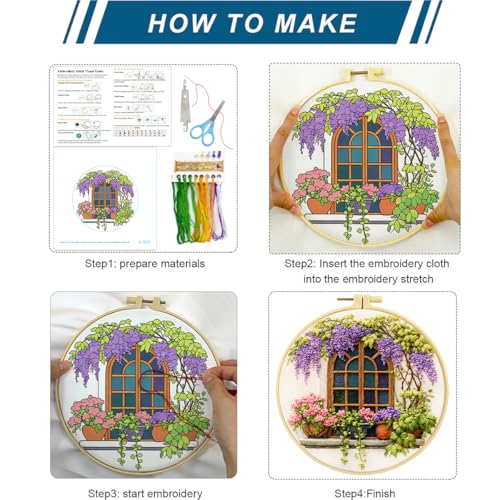Zhenqing 4 Landscape Scenes Embroidery Kit for Beginners, 4-Pack Circular Designs with 20cm Hoop, Pre-Printed 29x29cm Cotton Fabric & Threads for Home Decor (JC0038)