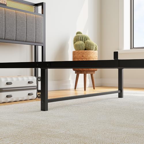 Twin Bed Frame with Charging Station and LED Lights,Upholstered Headboard with Storage Shelves,Metal Single Platform Bed Frame Twin Size with Strong Metal Slats Support No Box Spring Needed,Noise Free BOFENG