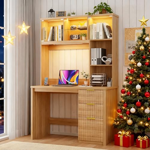FREDEES LED Study Desk with Hutch, Home Office Desk with Charging Station & Storage Drawer, 70'H Writing Table with Glass Display Cabinet, 3 Color Light Computer Desks for Study, Wood FREDEES