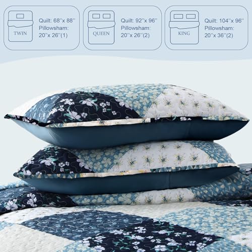 Exclusivo Mezcla Reversible Boho Quilts Twin Size, Blue Bedspreads Lightweight Coverlet All Season Patchwork Quilt Bedding Set with Printed Floral Pattern (1 Quilt, 1 Pillow Sham) Exclusivo Mezcla