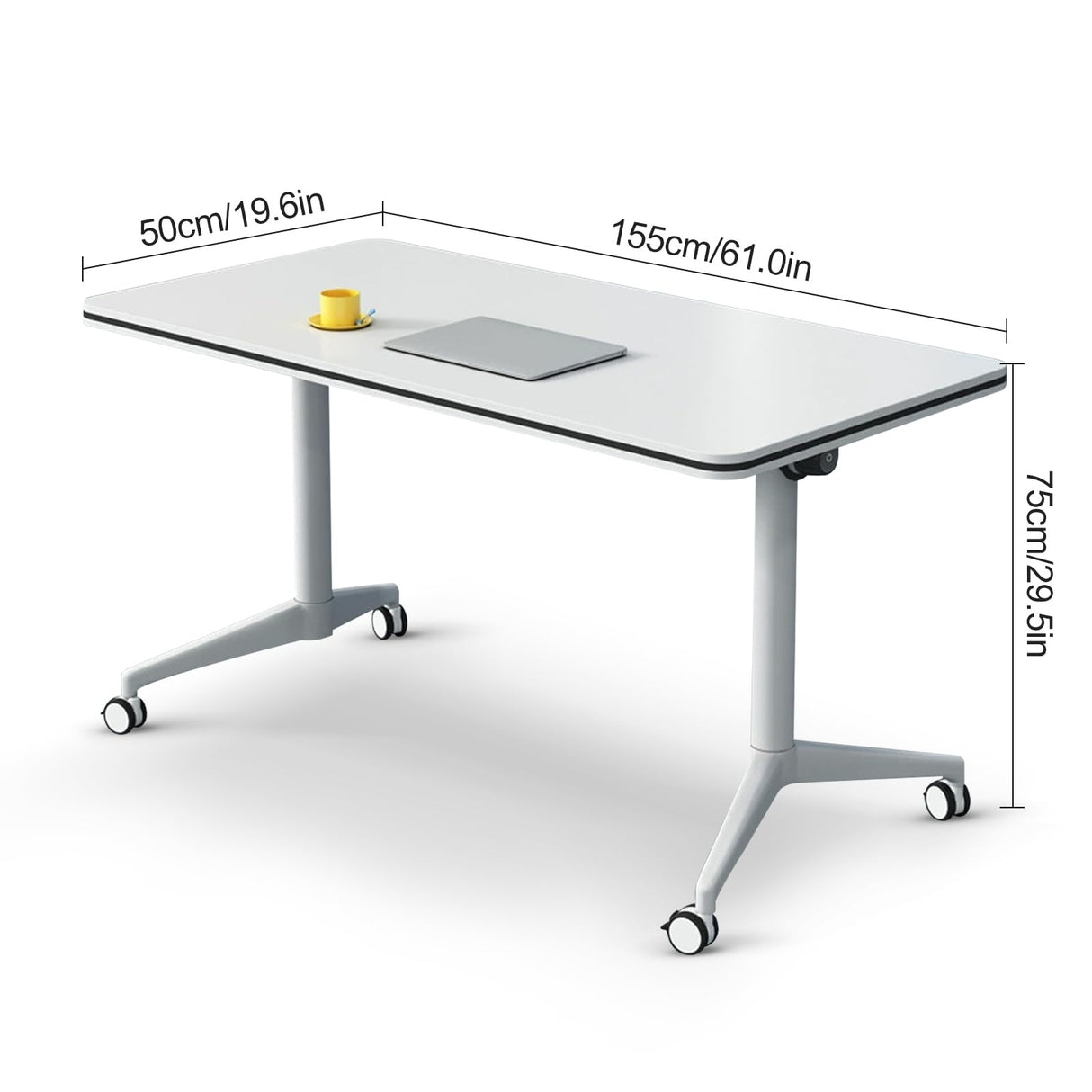 Conference Table,White Modern Office Folding Flip Top Mobile Training Table with Wheels is Convenient and Fast, Suitable for Companies Office, Meeting Room, and Classroom use (6Pcs 61in) Goakwwuz