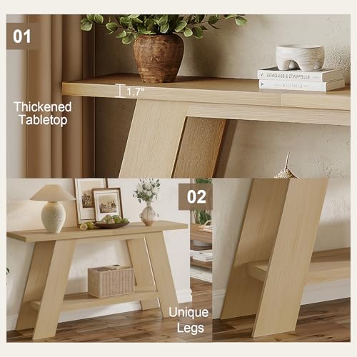 Treocho 63 Inch Long Console Tables for Entryway, 2-Tier Modern Wood Sofa Table with Shelf Behind Couch, Contemporary Narrow Entryway Table for Living Room, Hallway, Entrance, Hallway, Entrance, Oak Treocho