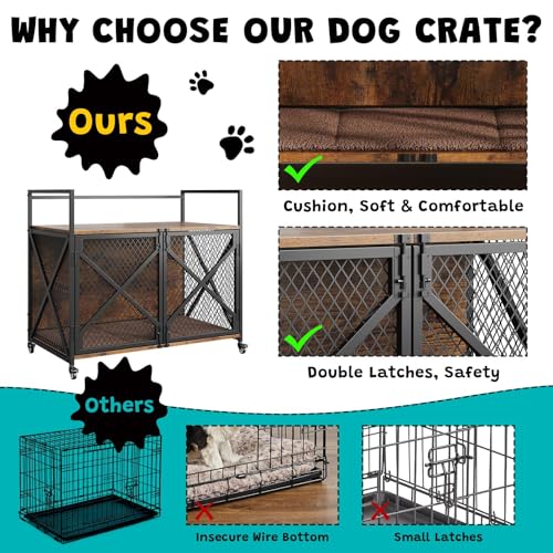 41'' Heavy Duty Dog Crate Furniture with Lockable Wheels, Decorative Wooden Dog Cage End Table, Double Door Indoor Pet Kennel with Cushion for Small, Medium & Large Dogs Up to 100 Lbs GAOMON