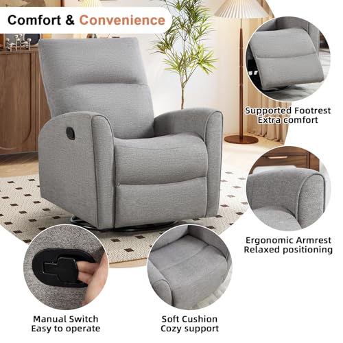 CANMOV Recliner Rocker Swivel Chair, Manual Chenille Glider Rocking Chair, Swivel Glider Recliners with Soft Backrest, 360° Swivel Nursery Reclining Sofa for Living Room Bedroom, Light Grey