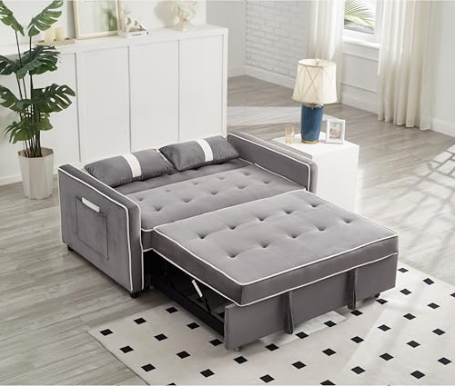 STBIGSLEP 3 in 1 Convertible Sleeper Sofa Bed, Small Couch for Living Room Bedroom with Pullout Bed Adjustable Backrest,Velvet,Loveseat Sofa Bed,Futon Couches (Grey) STBIGSLEP