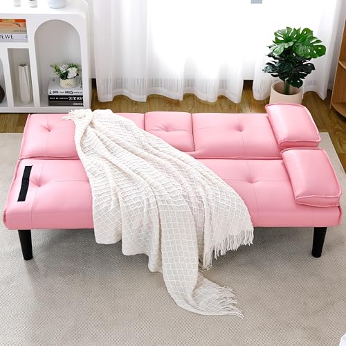 67-inch Multi-Functional Sofa Bed, Foldable Futon Couch with Adjustable Backrest & Cup Holders, Convertible Sleeper for Small Spaces, Living Room, Apartment, Office - Modern PVC Leather Couches(Pink) ALYIAMXL