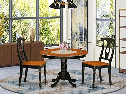 East West Furniture HLKE3-BCH-W 3 Piece Dining Room Furniture Set Contains a Round Dining Table with Pedestal and 2 Wood Seat Chairs, 42x42 Inch, Black & Cherry East West Furniture