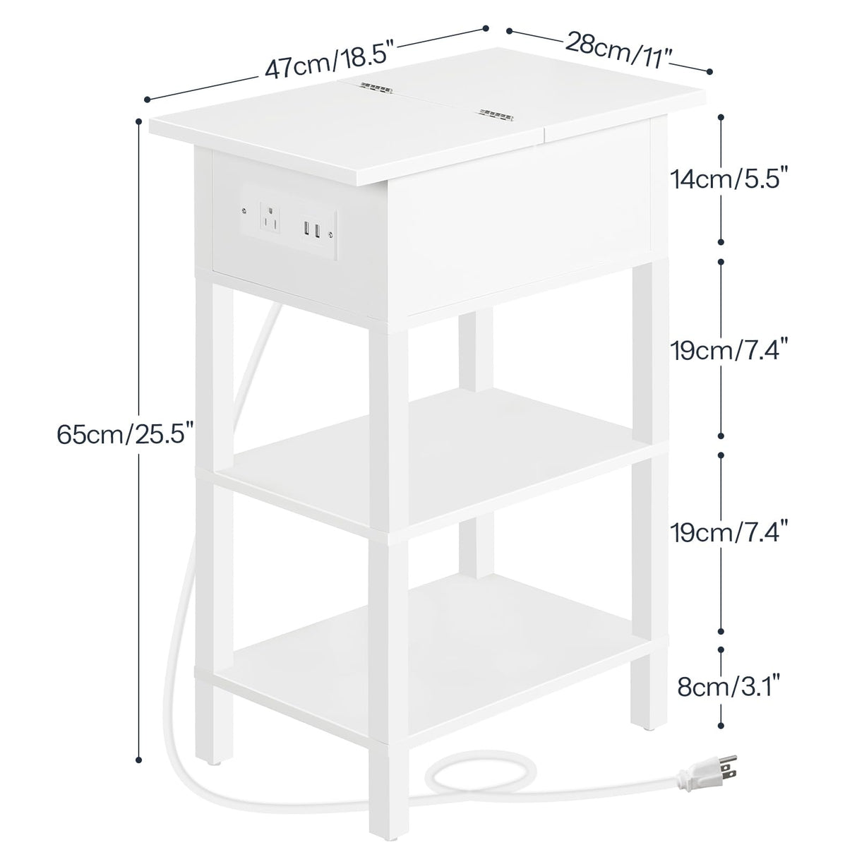 HOOBRO End Table with Charging Station, Flip Top Side Table with USB Ports, Narrow Nightstand Bedside Tables with Storage Shelves, for Small Space, Living Room, White WT141UBZ01 HOOBRO