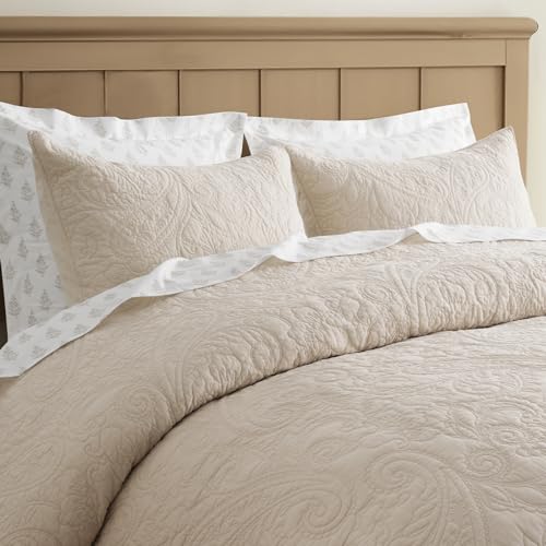 EVERGRACE 100% Cotton Paisley Quilt Set, King Size 3 Piece Set – Prewashed Lightweight Bedspread with 2 Shams, Soft & Breathable Matelasse Coverlet for All-Season Comfort, Flax Beige EVERGRACEHOME