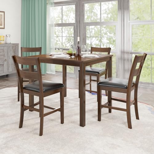 AMERLIFE Solid Wood 5-Piece Dining Table Set, Mid Century Modern Dining Set W/ 4 Chairs, Chairs with Curved Backrests & PU Cushioned, Space Saving, Black/Walnut AMERLIFE