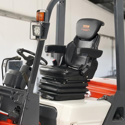 VEVOR Universal Tractor seat Suspension, Fold Down Forklift Seat with Adjustable Angle Back, Micro Switch, Seatbelt and Armrests, 3-level Shock Absorption Tractor Seat for Tractor Loader Excavator VEVOR