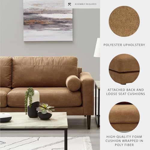 Signature Design by Ashley Telora Modern Faux Leather Sofa with 2 Bolster Pillows, Dark Brown Signature Design by Ashley