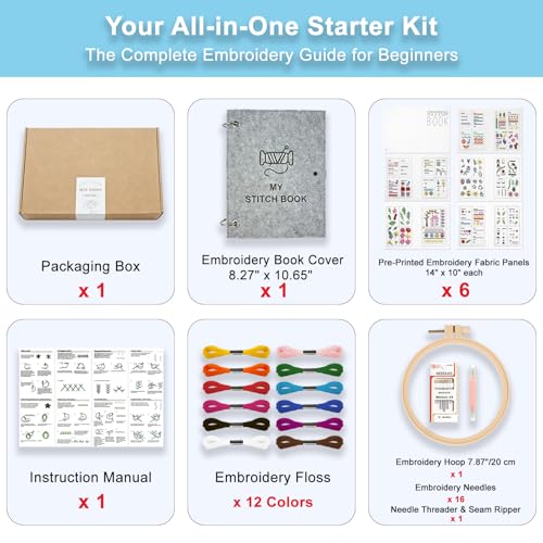 Bmtbu 2026 Upgraded Embroidery Stitch Book Kit with 8.27"x10.65" Portable Loose-Leaf Cover, 6 Fabric Pages, Complete Toolkit, Easy Instructions & Video Tutorials. (Classic)