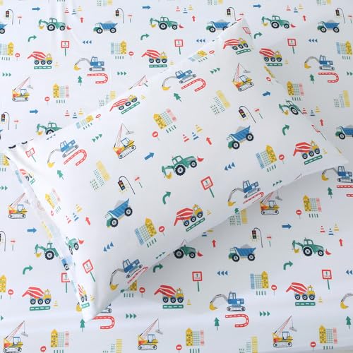 FEKOHIPY Kids Sheet Set Excavator Twin Size Bedsheet for Boys, 3PCS Digger Vehicle Printed Microfiber Soft Breathable Children Bedding Easy-Fit 14 Inch Deep Pocket FEKOHIPY