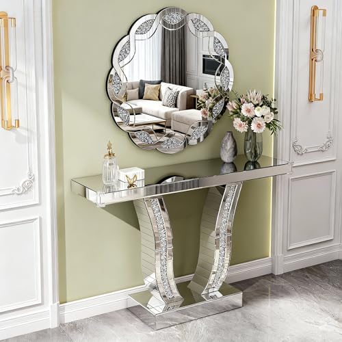 LUMISOL Mirrored Console Table, 43 Inch Silver Entryway Table with Curved Stone-Inlaid Legs, Modern Mirror-Decorated Sofa Table Behind Couch, Side Table for Living Room Foyer Hallway, Silver LUMISOL