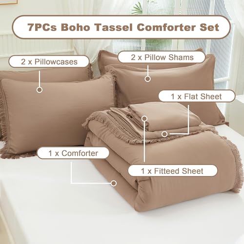 Andency Taupe Queen Size Comforter Set with Sheets - 7 Pieces Boho Tassel Bed in a Bag Soft Lightweight Bedding Sets, Taupe Fringe Bed Set with Comforter, Sheets, Pillowcases & Shams Andency