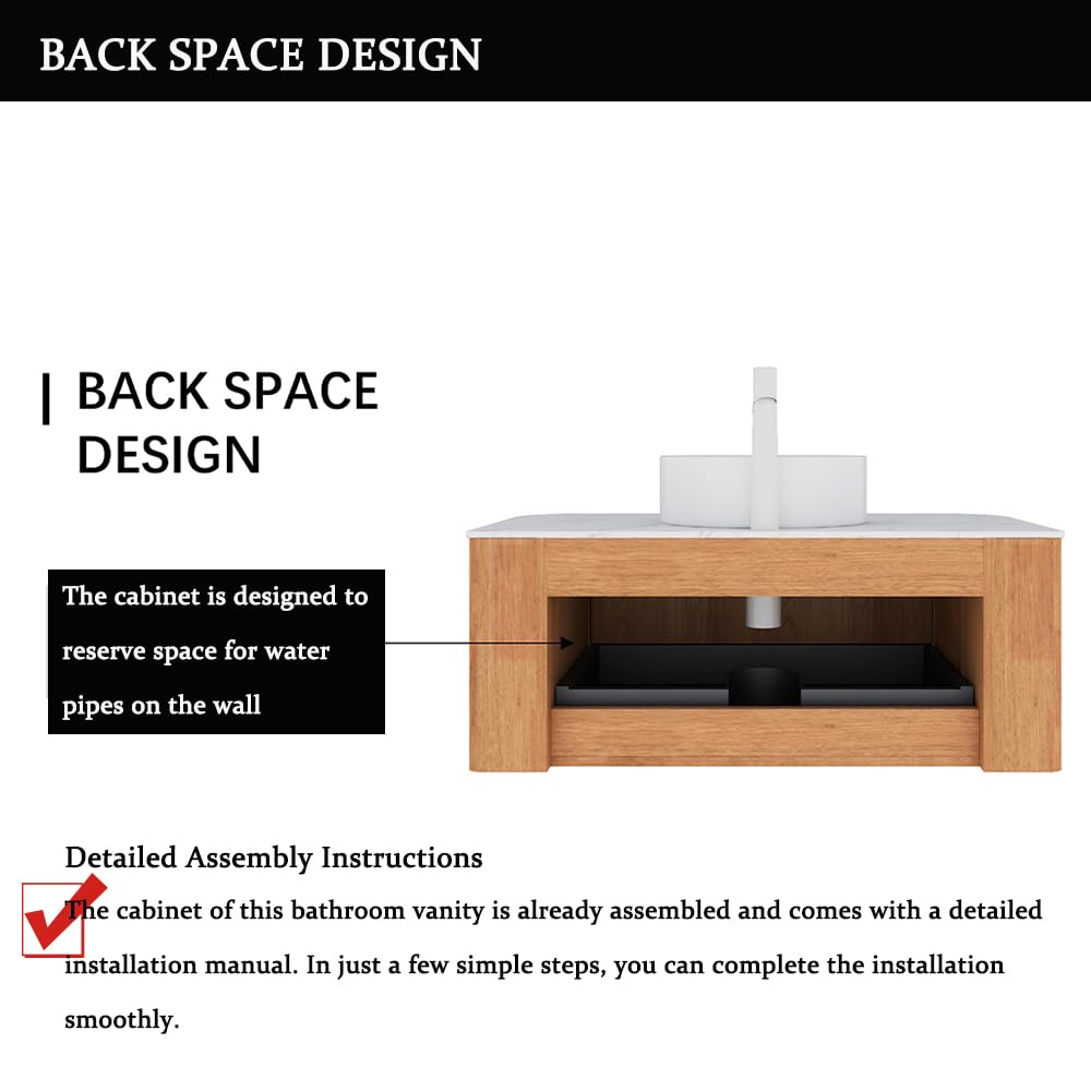 30'' Bathroom Vanities Cabinet with Sink Combo, Wall Mounted Floating Cabinet W/Curved Edges Stripes, Oak Plywood, Soft-close System with a Drawer, White Round Ceramic Basin - Kiel, Natural Wood RAINLUX