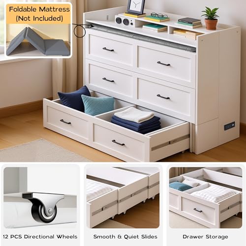 Kikihouse Murphy Bed with Motion Sensor Lights, Full Size Murphy Cabinet Bed Hideaway Bed with Storage & Charging Station for Bedroom/Guest Room/Office, Foldable Platform Bed Frame, White Kikihouse