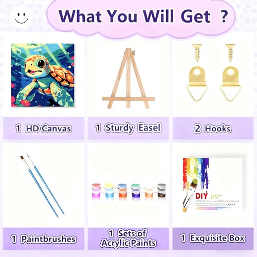 Gemozaic Sea Turtle Paint by Numbers Kit for Kids with Frame and Easel, Kids Paint by Number on Canvas for Age 4-8, 8x8 Inch Gemozaic