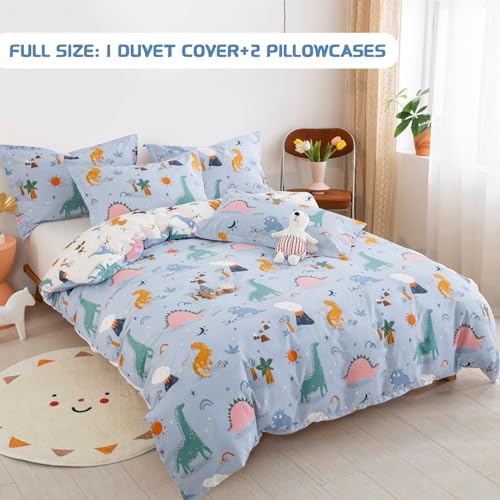 DJY Dinosaur Full Size Duvet Cover Set, Cotton Blue White Reversible Kids Bedding Set for Boys Girls, 3 Pieces Ultra Soft Breathable Comforter Cover Set (1 Duvet Cover+2 Pillowcases) DJY