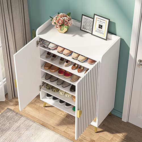 Tribesigns Shoe Cabinet with Doors, 6-Tier Shoe Storage Cabinet with Adjustable Shelves, Wooden Shoes Rack Shoe Storage Organizer for Entryway, Hallway, Closet, Living Room, White & Gold Tribesigns