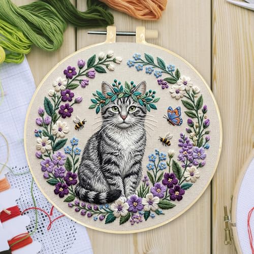 Cat Embroidery Kit for Adults - 20x20cm Pre-Stamped Pattern Cross Stitch Kit with 7.87 Inch Bamboo Hoop, Floss, Needles - DIY Craft Kit for Home Decoration & Gift Giving