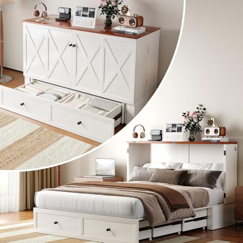ijuicy Full Murphy Bed with Storage & Multifunctional Charging Station, Farmhouse Murphy Cabinet Bed with Foldable Panel, Space-Saving Beds for Guest Bedroom, Living Room-White & Brown, No Mattress ijuicy
