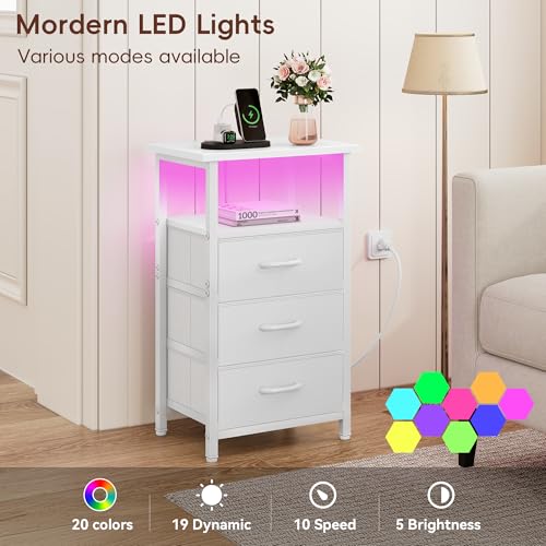 Vagusicc Night stand Set 2 with Charging Station, LED Nightstand for Bedroom, White Bedside Table with 3 Fabric Drawer, End Table Side Table with USB Ports & Outlets, Bed Side Table for Bedroom, White Vagusicc