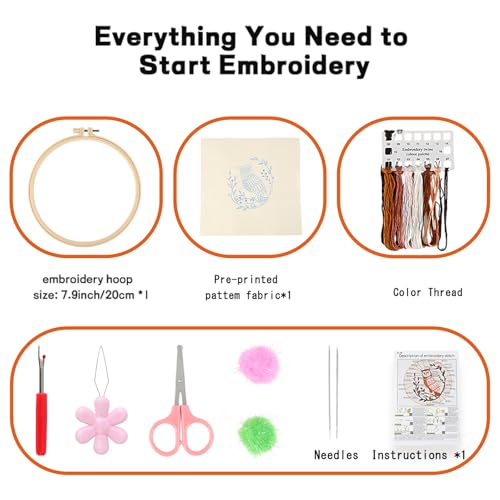 JOINRUN Beginner Embroidery Kit for Adults, Owl Cross Stitch Kits with 7.9" Hoop, Threads, Needles, Learn Stitches with Pre-Printed Patterns, Video Tutorial, DIY Needlework Craft Gift for Women