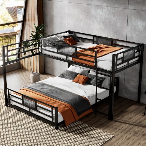 MERITLINE L-Shaped Metal Bunk Bed with Guardrails, Twin Over Full Bunk Bed Frame for Teens, Black MERITLINE