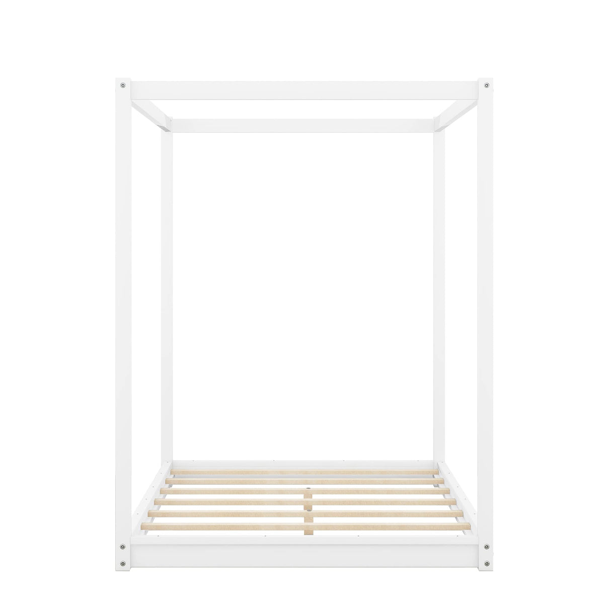 MWrouqfur 4-Poster Queen Size Canopy Floor Bed Frame,Morden Wood Low Profile Platform Beds with Wooden Slats Support, No Box Spring Needed (White) MWrouqfur