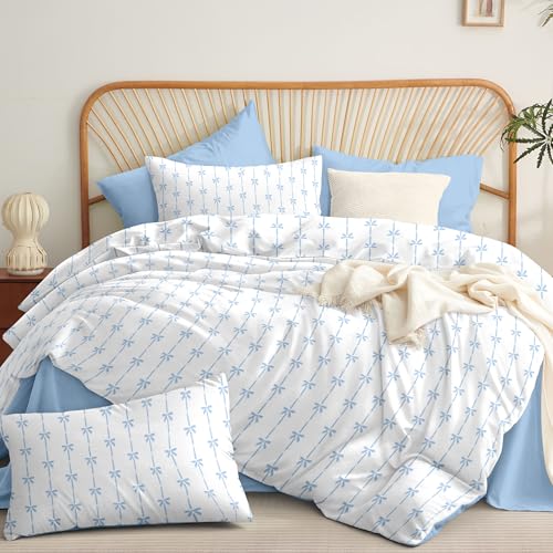 Bildenly Comforter Set Full Size White - Blue Bow Quilt Bedding Set 3 Pieces, Comforter Set Full, Soft & Lightweight Comforter(79‘’ x 90‘’) for Girl All Season & 2 Pillow Cases(30‘’x20‘’) Bildenly
