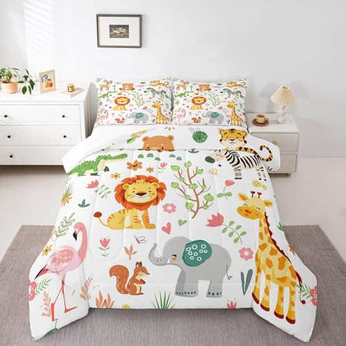 Feelyou Twin Size Cartoon Lions Giraffe Comforter Set Zoo Animals Bedding Set Flamingo Zebra Comforter for Kids Boys Girls Kawaii Animals Duvet Insert 2Pcs Feelyou