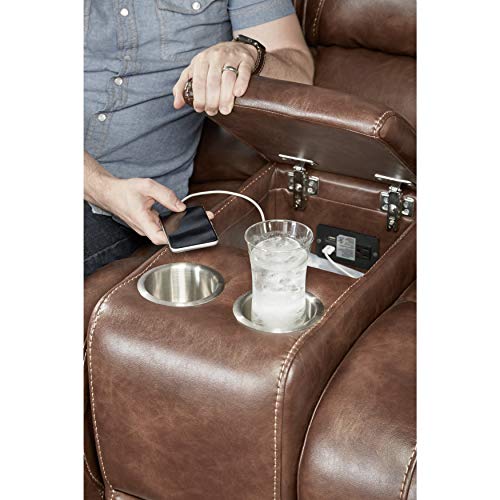 Roundhill Furniture Achern Brown Leather-Air Nailhead Manual Reclining Sofa and Loveseat with Storage Console and USB Port Roundhill Furniture
