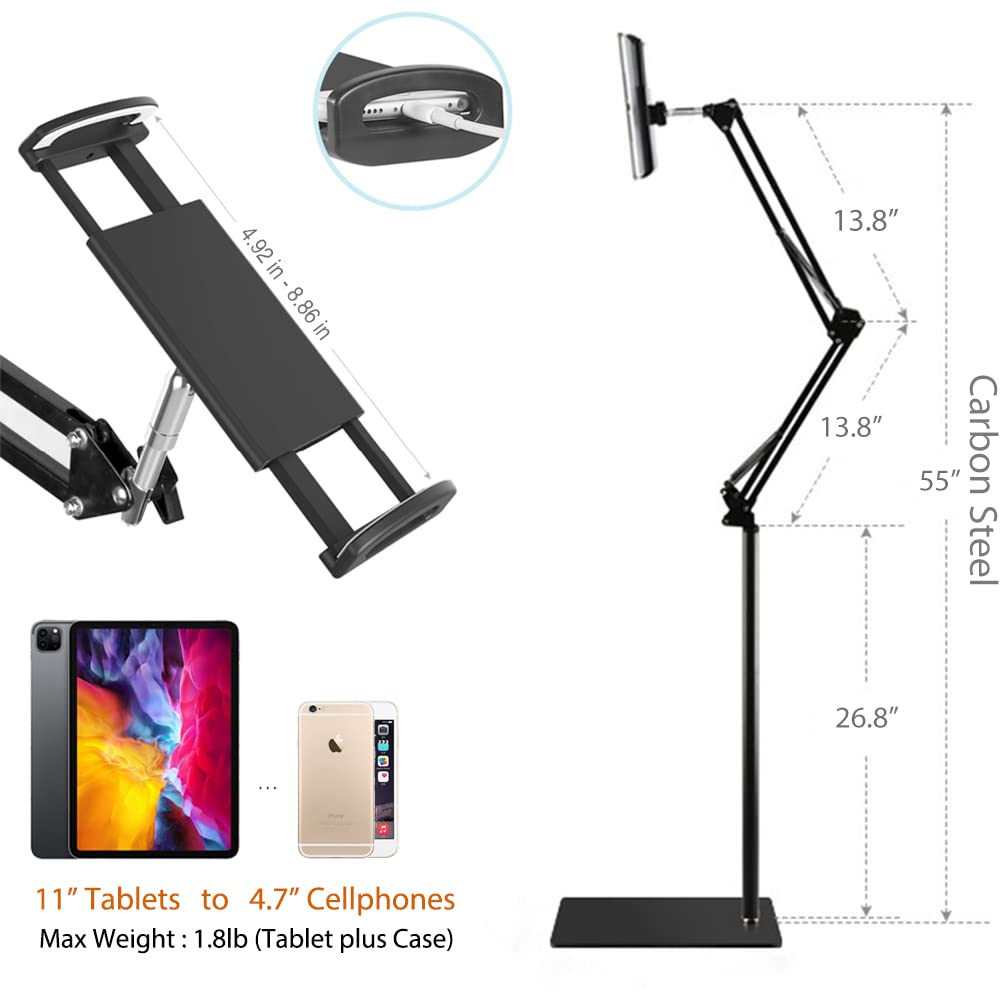 Tablet Floor Stand, Overhead Bed Phone Stand Angle Height Adjustable Holder, Universal Floor Stand Compatible with iPhone iPad Pro Air Mini, Samsung Tab, Kindle, E-Readers… Elekpopu