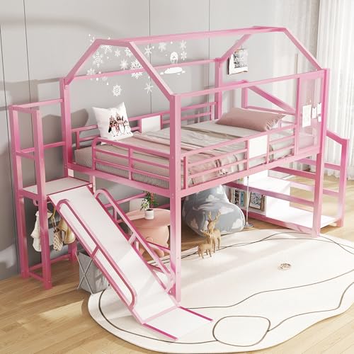 Bellemave House Loft Bed Full Size, Full Size Loft Bed with Storage Stairs and Open Wardrobe, Heavy Duty Loft Beds with Slide for Girls, Boys, Noise-Free Design Pink Bellemave
