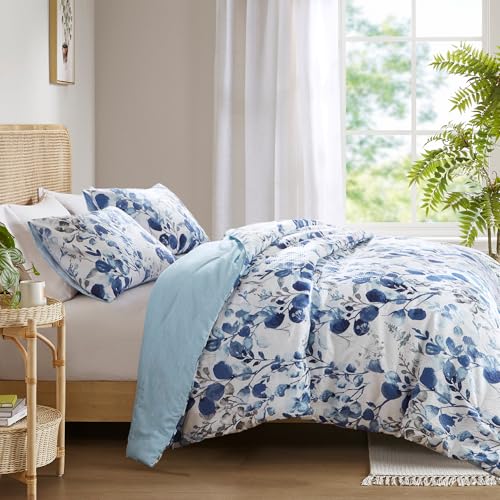 Regency Heights Lightweight Seersucker Botanical Queen Size Comforter Set, 3 Pieces Reversible Design Bed Comforter, Premium Microfiber Bedding Set, Comforter and Shams Set, Blue Regency Heights