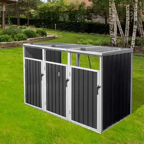 Metal Outdoor Garbage Bin Shed, Lockable Storage Shed for 3 Trash Cans, Galvanized Steel Waste Bin Storage Shelter for Garden, Yard, Patio, Grey Heliodeck