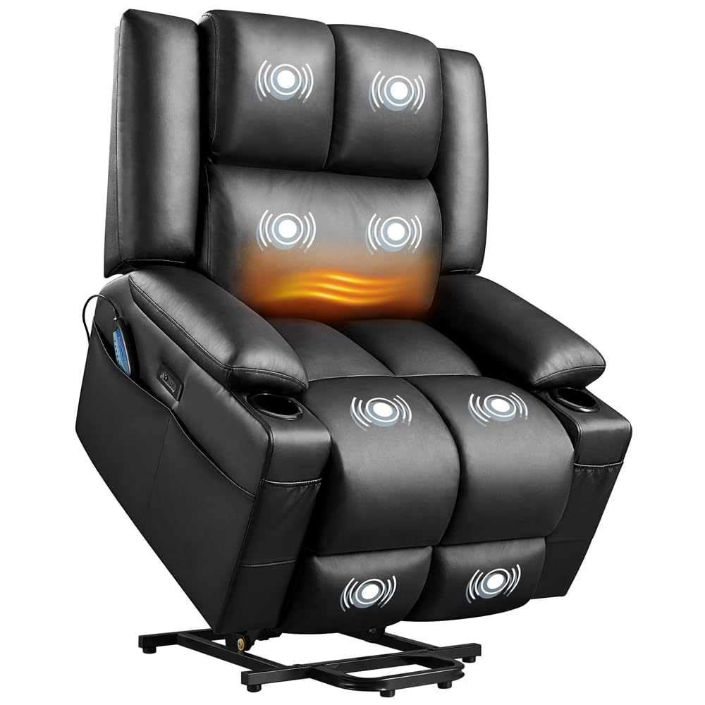Yaheetech Large Electric Power Lift Recliner Chair, PU Leather Massage Chair with Heat and USB Port for Elderly, Ergonomic Lounge Chair with 2 Cup Holders Side Pockets, Overstuffed Wide Single Sofa Yaheetech