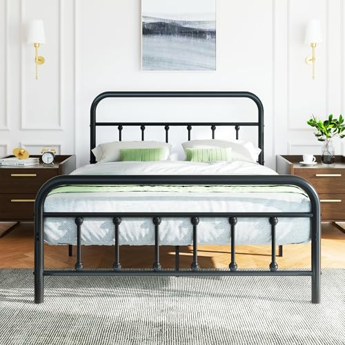 Shintenchi Full Size Metal Platform Bed Frame with Headboard & Footboard, Steel Slat Mattress Foundation, Under Bed Storage, Noise-Free, No Box Spring Needed, Black Round Shintenchi