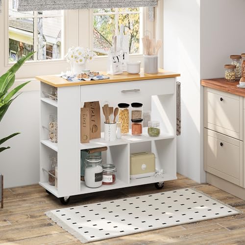 Shintenchi Kitchen Island on Wheels with Storage, Wheeled Island & Cart with 3-Tier Spice Rack, 3 Open Shelves and 1 Drawer, White Shintenchi