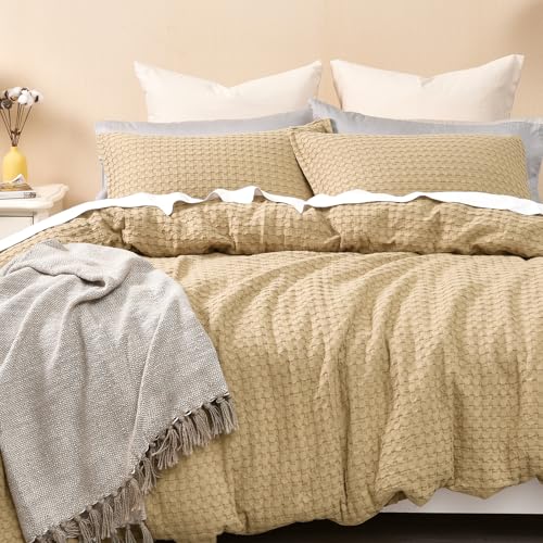 PHF 100% Cotton Waffle Duvet Cover Full, Ultra Soft Skin-Friendly Duvet Cover Set for All Season, Luxury Decorative Textured Comforter Cover with Pillow Shams Bedding Collection, 80"x90", Khaki PHF