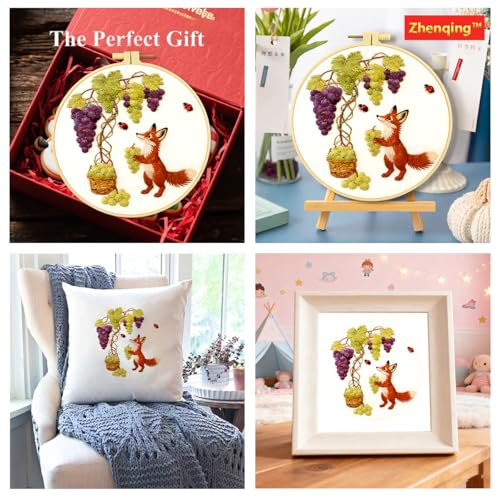 Zhenqing Fox and Grape Vine Embroidery Kit for Beginners, Pre-Printed 29x29cm Circular Cotton Fabric with 20cm Hoop, Whimsical Garden Scene (C0223)
