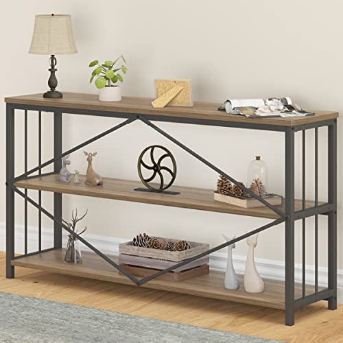 LVB Rustic Oak Industrial Console Sofa Table with 3-Tier Shelving for Entryway and Foyer LVB