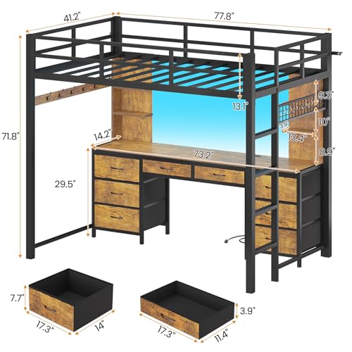 ADORNEVE Twin Loft Bed with Desk and 8 Storage Drawers, Metal Loft Beds Twin with LED Lights & Charging Sation, Storage Shelves & Clothes Rail, Full-Length Guardrail,Rustic Brown ADORNEVE